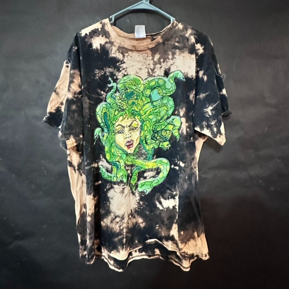Medusa Comic Snakes Tie Dye Acid Wash Grung Goth Size XL Handmade Cotton Soft